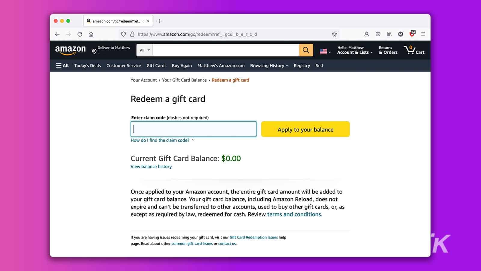 amazon gift card redemption on web