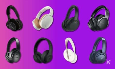 eight of the best active noise canceling headphones on amazon on a purple background