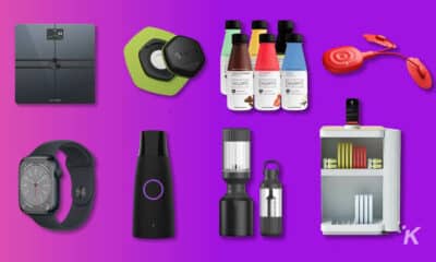 fitness tech products on purple background