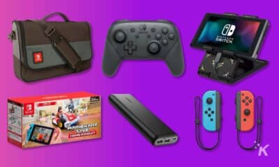Nintendo Switch accessories in purple background