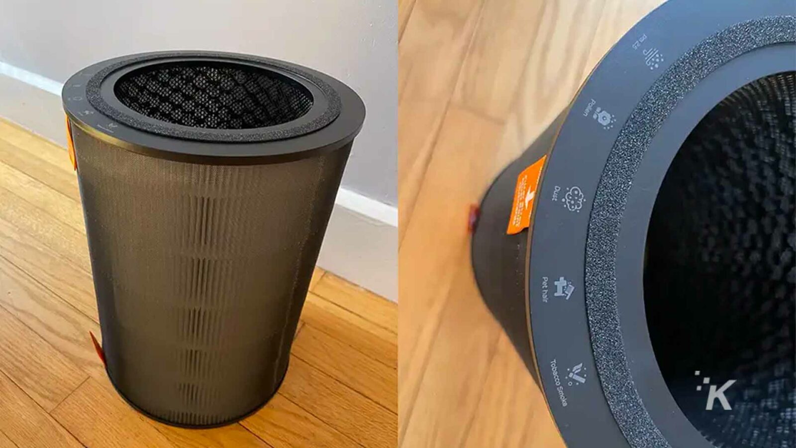 Dreo air purifier filter shown from the front and a closeup of the top.