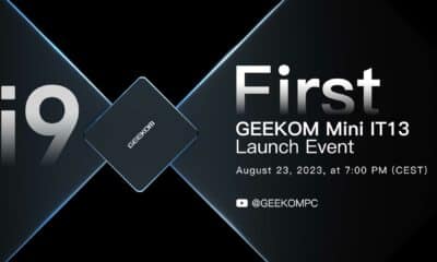 The image is of an event announcement for the launch of the GEEKOM Mini IT13 on August 23, 2023 at 7:00 PM Central European Summer Time (CEST). Full Text: 9 First GEEKOM Mini IT13 Launch Event GEEKOM August 23, 2023, at 7:00 PM (CEST) @GEEKOMPC