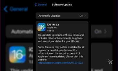 This image shows an update for Apple iOS 16.4.1, which includes 21 new emoji, enhancements, bug fixes, and security updates. Full Text: General Software Update Automatic Updates On > iOS 16.4.1 A 16 Apple Inc. 1.98 GB This update introduces 21 new emoji and includes other enhancements, bug fixes, and security updates for your iPhone. Some features may not be available for all 16 regions or on all Apple devices. For information on the security content of Apple software updates, please visit this website: https://support.apple.com/kb/HT201222 K