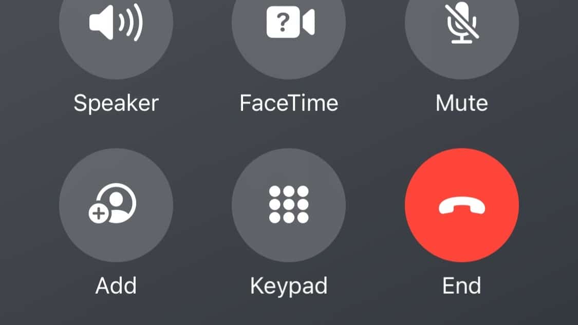 The speaker is using FaceTime to communicate with someone, and has muted their microphone, added a keypad, and is ending the call. Full Text: ? Speaker FaceTime Mute + Add Keypad End