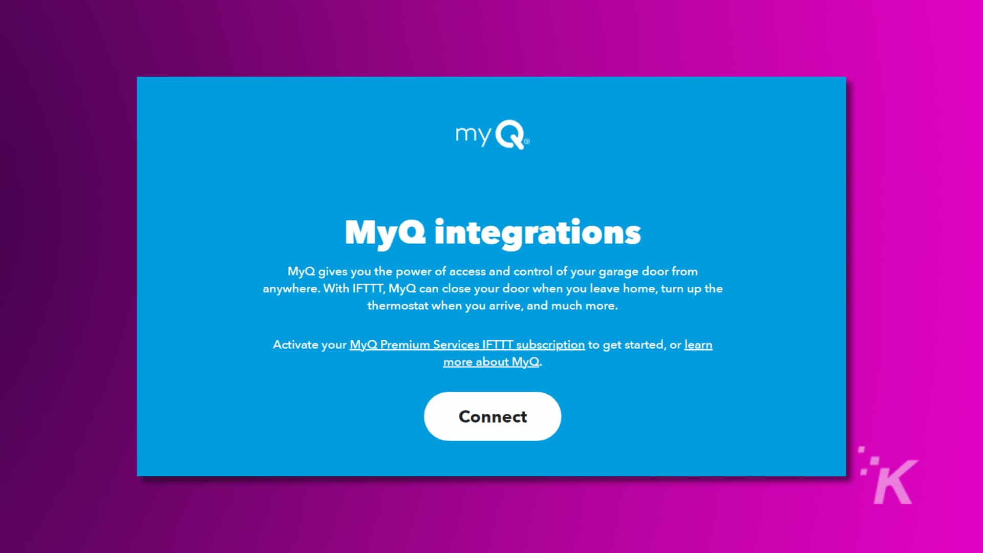 screenshot of If This Then That's hub page for myQ integrations