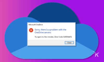 OneDrive logo with an error message screen in a purple background