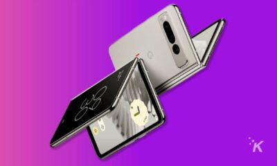 Pixel Fold phones in purple background
