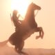 Red Dead Redemption: A person is riding a horse in silhouette against a sunset sky, jumping over a mountain with the sun setting in the background.