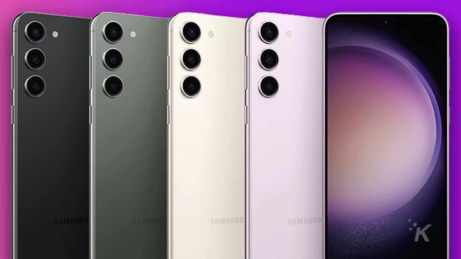 Samsung S23 phone in purple background