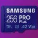 The image is showing a Samsung 256 Pro Plus A2 V30 memory card. Full Text: SAMSUNG 256 PRO Plus (3) A2 V30 İK