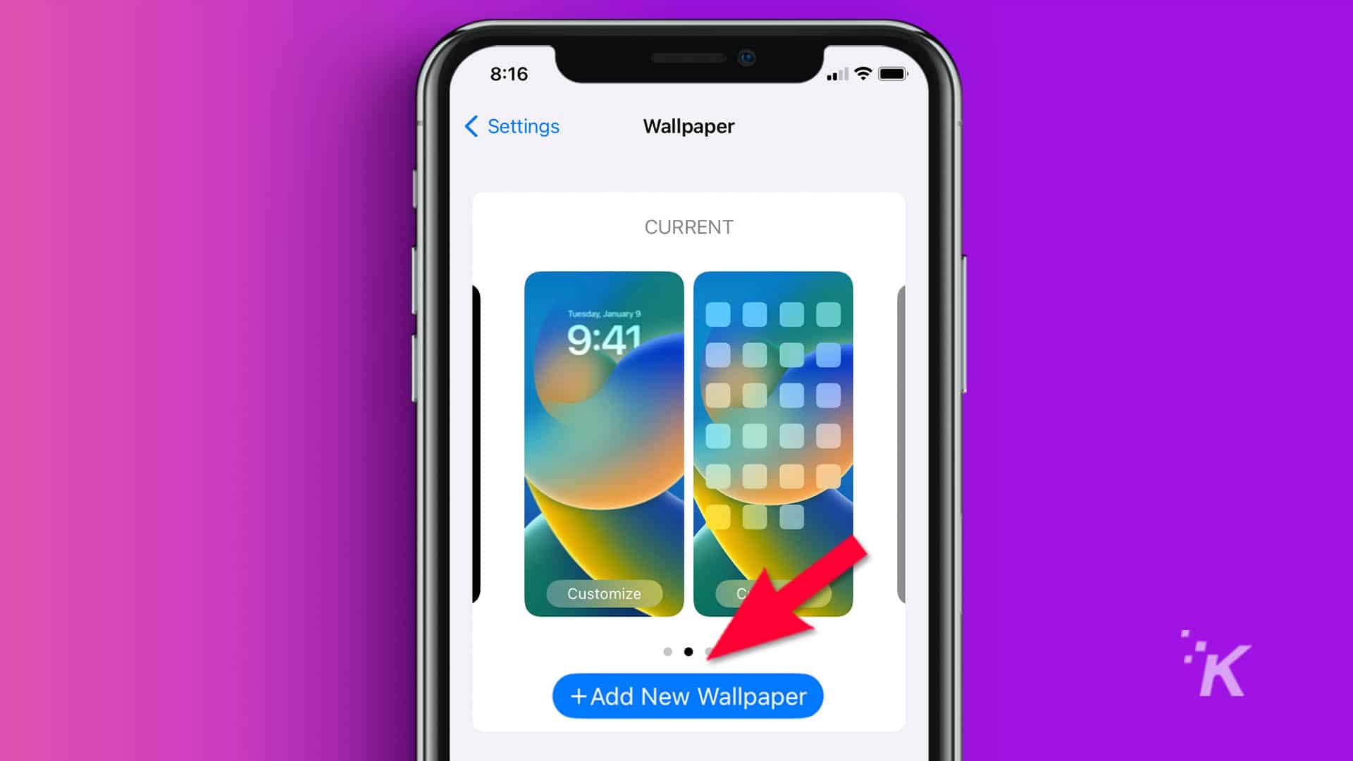 Arrow pointing to Add New Wallpaper Tab in iPhone