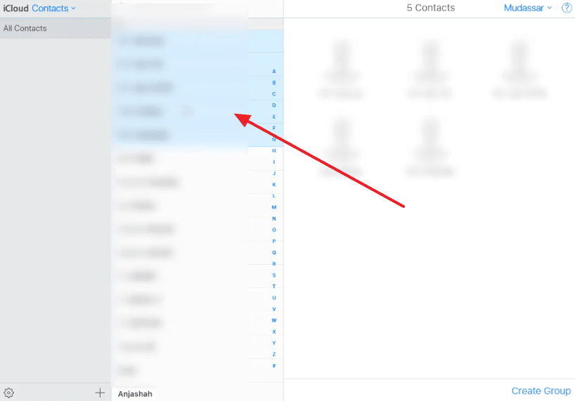 The image shows the user creating a group of contacts in iCloud by selecting multiple contacts from a list. Full Text: iCloud Contacts 5 Contacts Mudassary ? All Contacts A F W Y Z + Anjashah Create Group