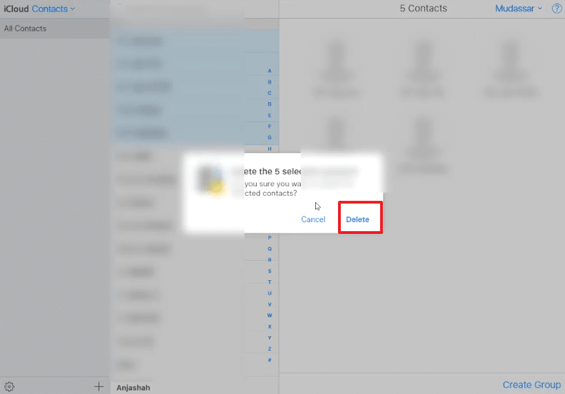 The image is prompting the user to confirm if they want to delete the selected contacts.