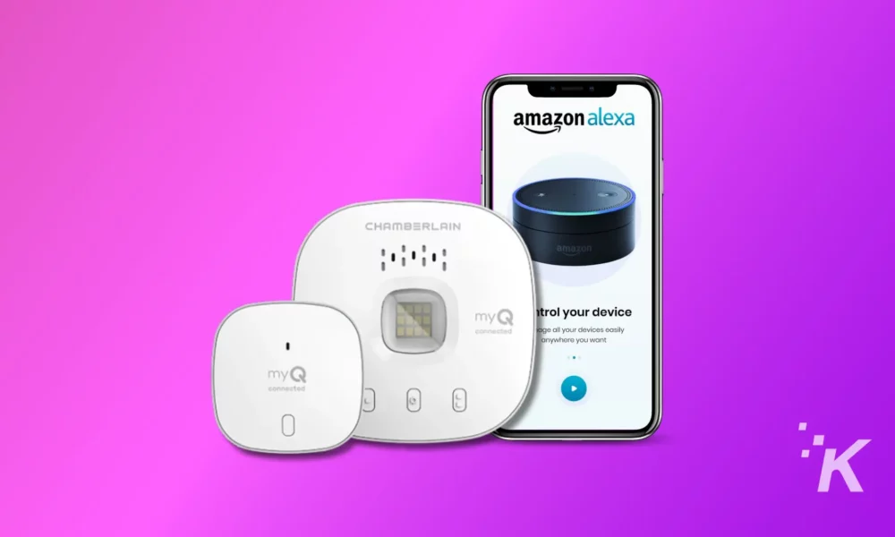 This image is demonstrating how Amazon Alexa and Chamberlain MyQ can be used to control devices remotely from anywhere.