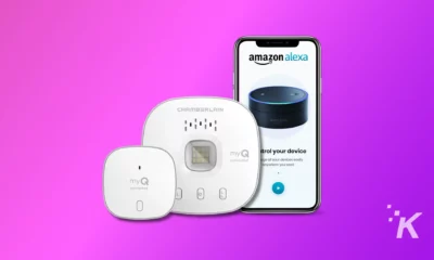 This image is demonstrating how Amazon Alexa and Chamberlain MyQ can be used to control devices remotely from anywhere.