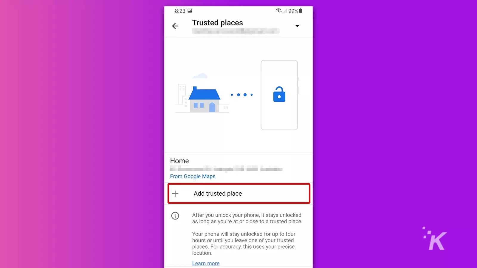trusted places setting option on samsung phone