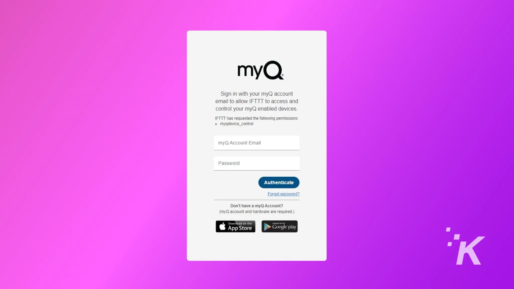 This image is prompting the user to sign in to their myQ account with their email and password in order to grant IFTTT access and control of their myQ enabled devices.