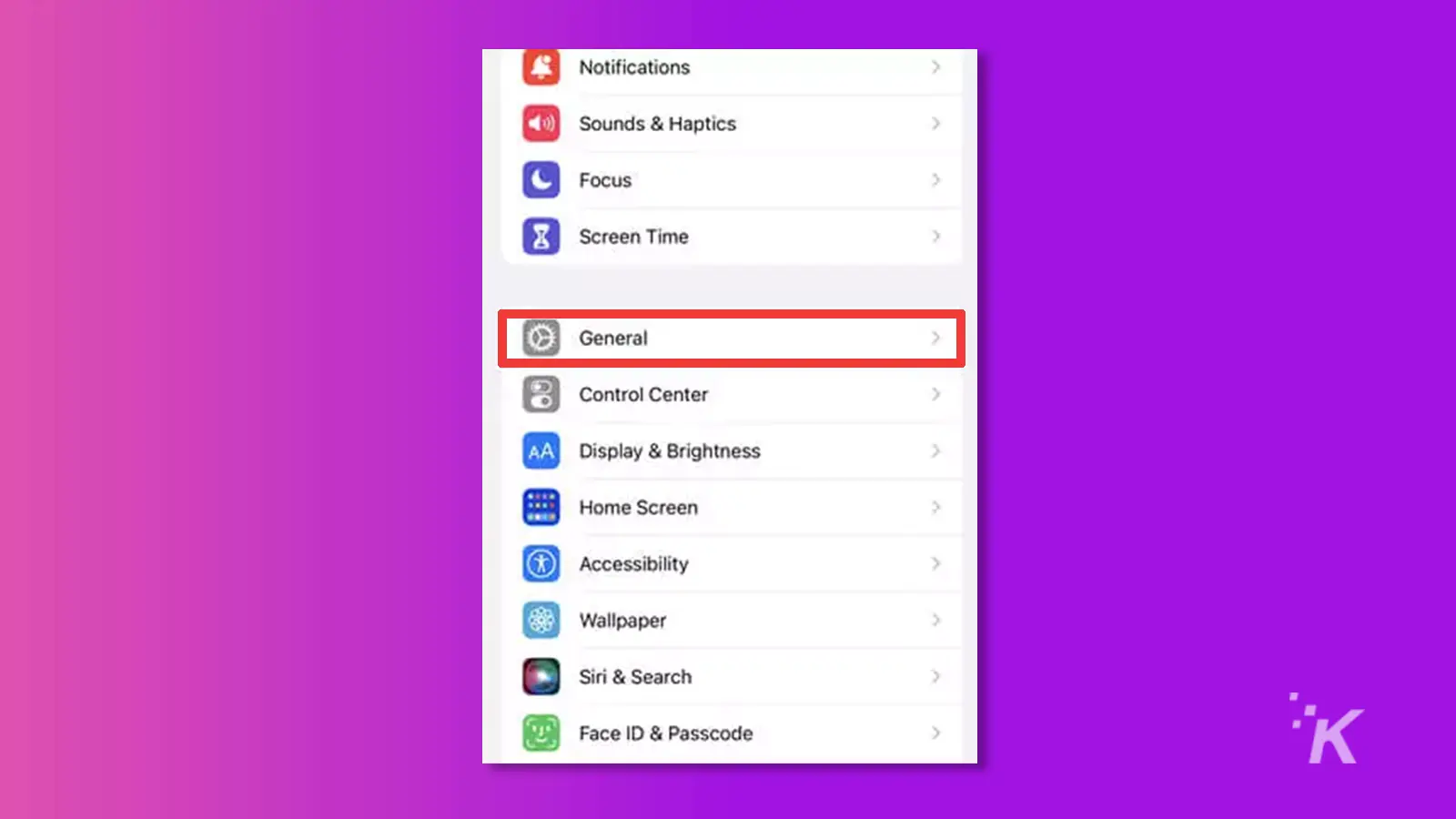 General Settings tab with red outline on general in purple background