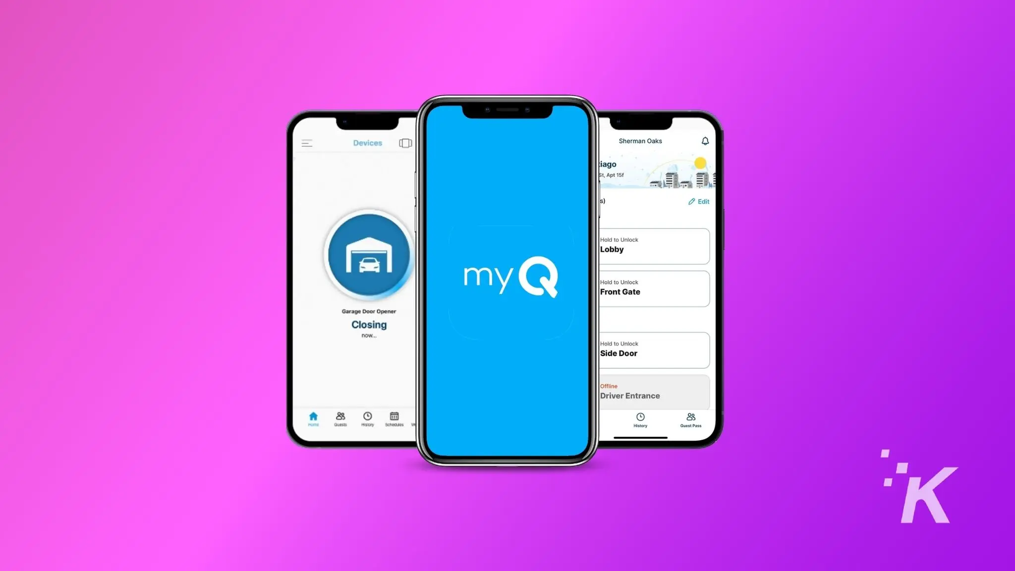 The image shows the myQ app interface opened on mobile phone screen