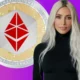 Kim Kardashian and Crypto coin in purple background