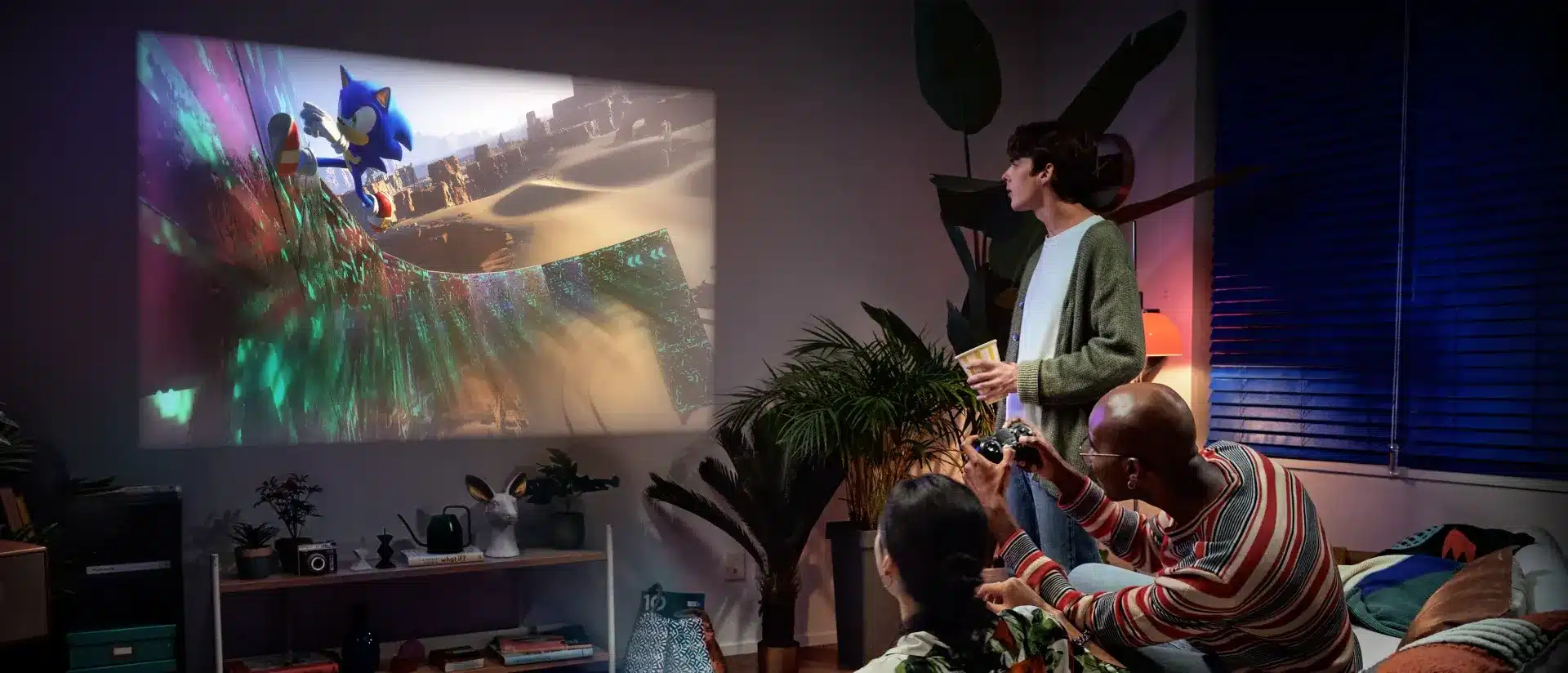 samsung freestyle 2 projector with cloud gaming projecting games onto the wall
