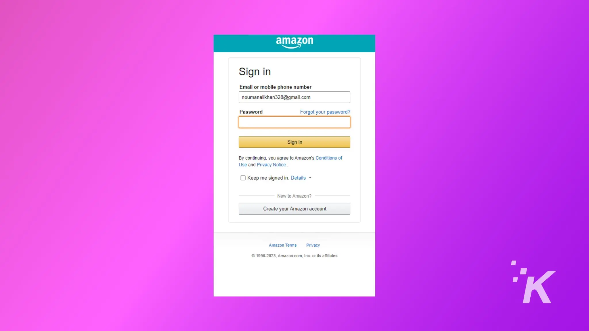 The image shows the login page for Amazon, prompting the user to enter their email address and password to sign in.