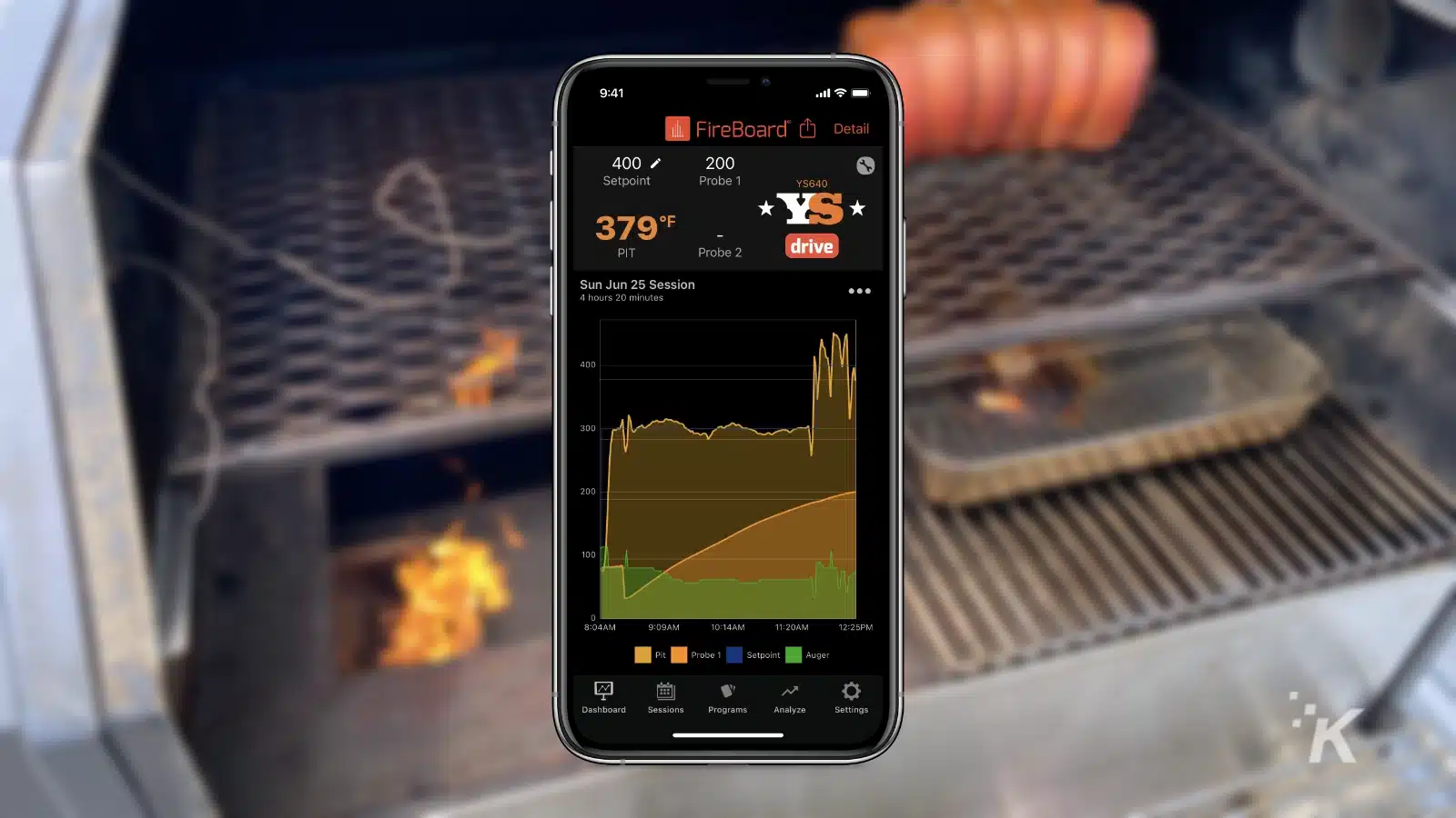 yoder fireboard app overlaid with a picture of roasting meat